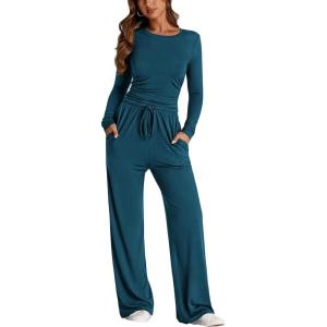 imagePRETTYGARDEN Womens 2 Piece Outfits Fall Tracksuits Long Sleeve Crop Tops Wide Leg Pants Spring Matching Lounge Travel SetsDark Blue
