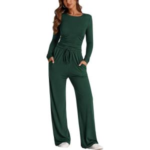 imagePRETTYGARDEN Womens 2 Piece Outfits Fall Tracksuits Long Sleeve Crop Tops Wide Leg Pants Spring Matching Lounge Travel SetsDark Green