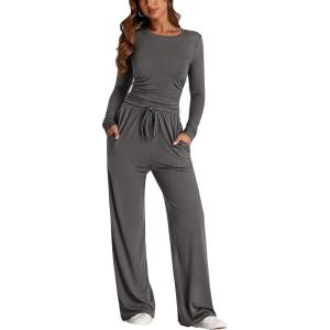 imagePRETTYGARDEN Womens 2 Piece Outfits Fall Tracksuits Long Sleeve Crop Tops Wide Leg Pants Spring Matching Lounge Travel SetsDark Grey