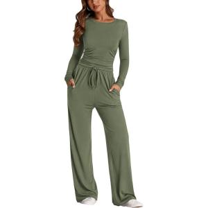 imagePRETTYGARDEN Womens 2 Piece Outfits Fall Tracksuits Long Sleeve Crop Tops Wide Leg Pants Spring Matching Lounge Travel SetsLight Army Green