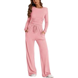 imagePRETTYGARDEN Womens 2 Piece Outfits Fall Tracksuits Long Sleeve Crop Tops Wide Leg Pants Spring Matching Lounge Travel SetsPink