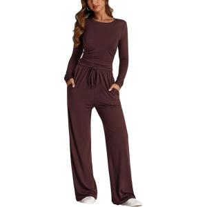 imagePRETTYGARDEN Womens 2 Piece Outfits Fall Tracksuits Long Sleeve Crop Tops Wide Leg Pants Spring Matching Lounge Travel SetsRed Brown