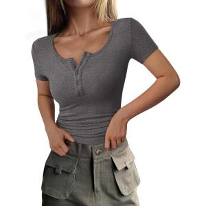 imagePRETTYGARDEN Womens 2025 Fall Summer Short Sleeve Tops Ribbed Henley Button Slim Fit Basic Casual T Shirts Blouse ClothingCharcoal