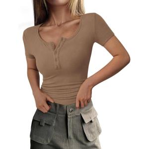 imagePRETTYGARDEN Womens 2025 Fall Summer Short Sleeve Tops Ribbed Henley Button Slim Fit Basic Casual T Shirts Blouse ClothingLight Brown