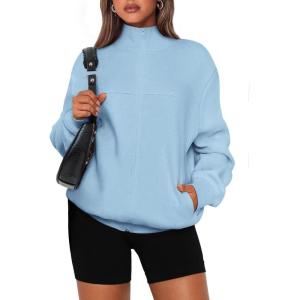 imagePRETTYGARDEN Womens 2025 Spring Fall Fashion Full Zip Up Sweatshirt Long Sleeve Loose Fit Trendy Casual Jacket with PocketsLight Blue