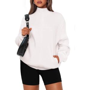 imagePRETTYGARDEN Womens 2025 Spring Fall Fashion Full Zip Up Sweatshirt Long Sleeve Loose Fit Trendy Casual Jacket with PocketsWhite