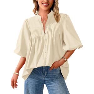 imagePRETTYGARDEN Womens 2025 Summer Short Lantern Sleeve Tops Loose Fit Button Down Shirt Pleated V Neck Blouses Trendy ClothesApricot
