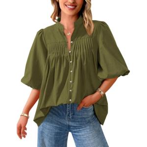 imagePRETTYGARDEN Womens 2025 Summer Short Lantern Sleeve Tops Loose Fit Button Down Shirt Pleated V Neck Blouses Trendy ClothesArmy Green