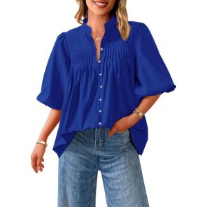imagePRETTYGARDEN Womens 2025 Summer Short Lantern Sleeve Tops Loose Fit Button Down Shirt Pleated V Neck Blouses Trendy ClothesBlue