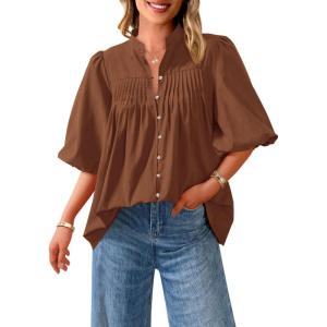 imagePRETTYGARDEN Womens 2025 Summer Short Lantern Sleeve Tops Loose Fit Button Down Shirt Pleated V Neck Blouses Trendy ClothesBrown