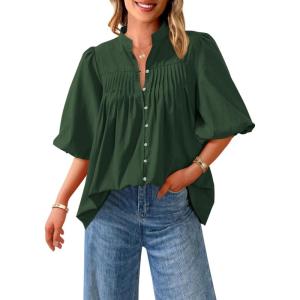 imagePRETTYGARDEN Womens 2025 Summer Short Lantern Sleeve Tops Loose Fit Button Down Shirt Pleated V Neck Blouses Trendy ClothesDark Green