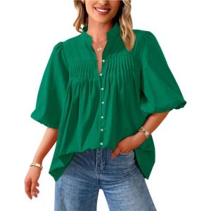 imagePRETTYGARDEN Womens 2025 Summer Short Lantern Sleeve Tops Loose Fit Button Down Shirt Pleated V Neck Blouses Trendy ClothesGreen