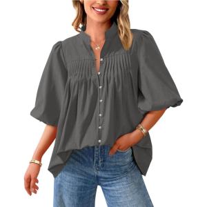 imagePRETTYGARDEN Womens 2025 Summer Short Lantern Sleeve Tops Loose Fit Button Down Shirt Pleated V Neck Blouses Trendy ClothesGrey