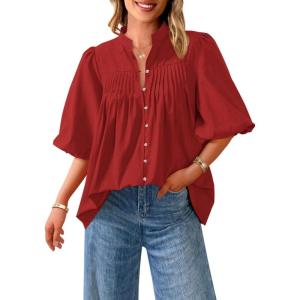 imagePRETTYGARDEN Womens 2025 Summer Short Lantern Sleeve Tops Loose Fit Button Down Shirt Pleated V Neck Blouses Trendy ClothesRed