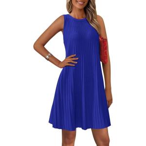 imagePRETTYGARDEN Womens 2025 Summer Sleeveless Mini Dress Crewneck Loose Tank A Line Pleated Swing Flowy Party DressesBlue