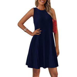 imagePRETTYGARDEN Womens 2025 Summer Sleeveless Mini Dress Crewneck Loose Tank A Line Pleated Swing Flowy Party DressesDark Royal Blue