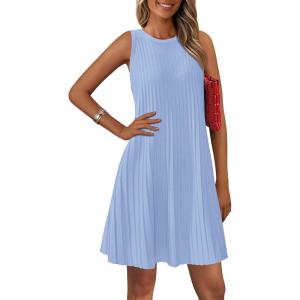 imagePRETTYGARDEN Womens 2025 Summer Sleeveless Mini Dress Crewneck Loose Tank A Line Pleated Swing Flowy Party DressesLight Blue