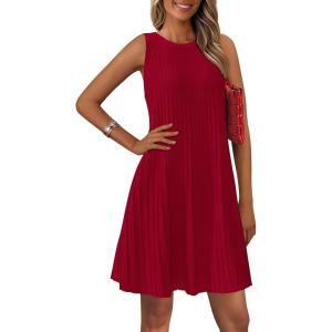 imagePRETTYGARDEN Womens 2025 Summer Sleeveless Mini Dress Crewneck Loose Tank A Line Pleated Swing Flowy Party DressesRed