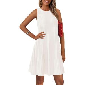 imagePRETTYGARDEN Womens 2025 Summer Sleeveless Mini Dress Crewneck Loose Tank A Line Pleated Swing Flowy Party DressesWhite