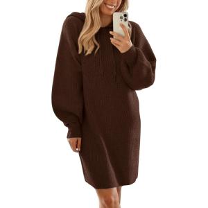 imagePRETTYGARDEN Womens Fall Sweater Dress Casual Long Sleeve Chunky Knit Pullover Oversized Hoodie Tunic Sweaters Winter ClothesBrown