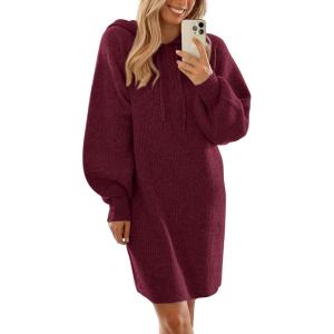 imagePRETTYGARDEN Womens Fall Sweater Dress Casual Long Sleeve Chunky Knit Pullover Oversized Hoodie Tunic Sweaters Winter ClothesWine Red