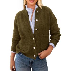 imagePRETTYGARDEN Womens Knit Cardigan Sweaters Casual Long Sleeve Open Front Button Up Ribbed Fall Spring Sweater JacketsArmy Green