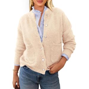 imagePRETTYGARDEN Womens Knit Cardigan Sweaters Casual Long Sleeve Open Front Button Up Ribbed Fall Spring Sweater JacketsBeige