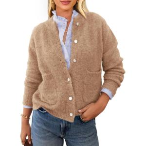 imagePRETTYGARDEN Womens Knit Cardigan Sweaters Casual Long Sleeve Open Front Button Up Ribbed Fall Spring Sweater JacketsCamel
