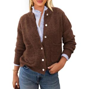 imagePRETTYGARDEN Womens Knit Cardigan Sweaters Casual Long Sleeve Open Front Button Up Ribbed Fall Spring Sweater JacketsCoffee