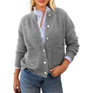 imagePRETTYGARDEN Womens Knit Cardigan Sweaters Casual Long Sleeve Open Front Button Up Ribbed Fall Spring Sweater JacketsGrey