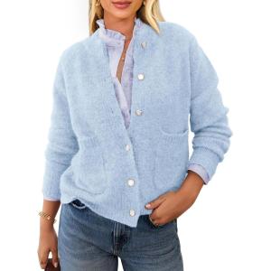 imagePRETTYGARDEN Womens Knit Cardigan Sweaters Casual Long Sleeve Open Front Button Up Ribbed Fall Spring Sweater JacketsLight Blue