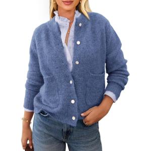 imagePRETTYGARDEN Womens Knit Cardigan Sweaters Casual Long Sleeve Open Front Button Up Ribbed Fall Spring Sweater JacketsMist Blue