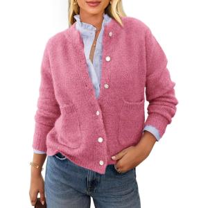 imagePRETTYGARDEN Womens Knit Cardigan Sweaters Casual Long Sleeve Open Front Button Up Ribbed Fall Spring Sweater JacketsRose Red