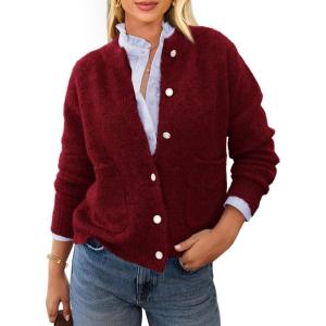 imagePRETTYGARDEN Womens Knit Cardigan Sweaters Casual Long Sleeve Open Front Button Up Ribbed Fall Spring Sweater JacketsWine Red