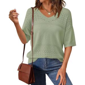 imagePRETTYGARDEN Womens Short Sleeve Sweater Tops 2025 Spring Summer Casual V Neck Ribbed Knit Trendy Eyelet Blouse T ShirtsMid Green