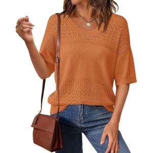 imagePRETTYGARDEN Womens Short Sleeve Sweater Tops 2025 Spring Summer Casual V Neck Ribbed Knit Trendy Eyelet Blouse T ShirtsOrange Red