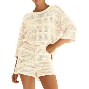 imagePRETTYGARDEN Womens Summer 2 Piece Cover up Knit Swimsuit Short Sleeve Tops Shorts Sets Bathing Suit Beach OutfitsBeige