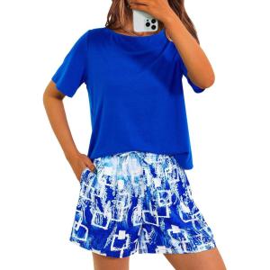 imagePRETTYGARDEN Womens Summer 2 Piece Outfits Lounge Sets Short Sleeve Tee Shirts Tops Blouses Pockets Printed Shorts TracksuitBlue