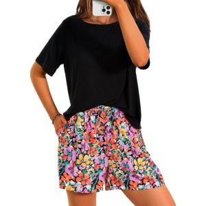 imagePRETTYGARDEN Womens Summer 2 Piece Outfits Lounge Sets Short Sleeve Tee Shirts Tops Blouses Pockets Printed Shorts TracksuitFloral Black