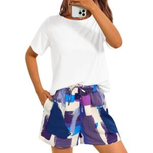 imagePRETTYGARDEN Womens Summer 2 Piece Outfits Lounge Sets Short Sleeve Tee Shirts Tops Blouses Pockets Printed Shorts TracksuitWhite