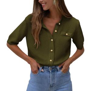 imagePRETTYGARDEN Womens Summer Button Down Shirts Casual Short Sleeve Crew Neck Ribbed Knit Blouse Top CardigansArmy Green