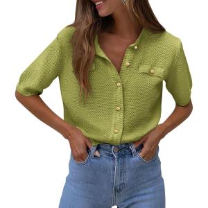 imagePRETTYGARDEN Womens Summer Button Down Shirts Casual Short Sleeve Crew Neck Ribbed Knit Blouse Top CardigansAvocado Green