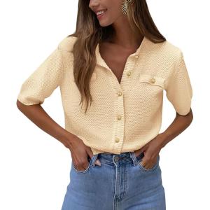 imagePRETTYGARDEN Womens Summer Button Down Shirts Casual Short Sleeve Crew Neck Ribbed Knit Blouse Top CardigansBeige