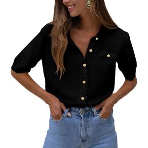 imagePRETTYGARDEN Womens Summer Button Down Shirts Casual Short Sleeve Crew Neck Ribbed Knit Blouse Top CardigansBlack