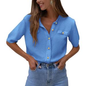 imagePRETTYGARDEN Womens Summer Button Down Shirts Casual Short Sleeve Crew Neck Ribbed Knit Blouse Top CardigansBlue
