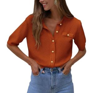 imagePRETTYGARDEN Womens Summer Button Down Shirts Casual Short Sleeve Crew Neck Ribbed Knit Blouse Top CardigansBrick Red