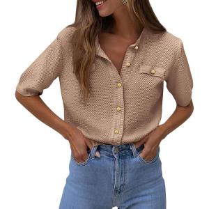 imagePRETTYGARDEN Womens Summer Button Down Shirts Casual Short Sleeve Crew Neck Ribbed Knit Blouse Top CardigansCamel