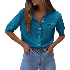 imagePRETTYGARDEN Womens Summer Button Down Shirts Casual Short Sleeve Crew Neck Ribbed Knit Blouse Top CardigansCyan