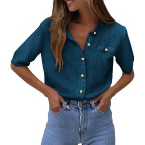 imagePRETTYGARDEN Womens Summer Button Down Shirts Casual Short Sleeve Crew Neck Ribbed Knit Blouse Top CardigansDark Blue