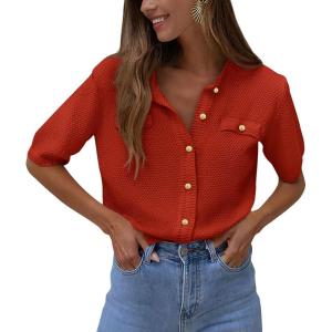 imagePRETTYGARDEN Womens Summer Button Down Shirts Casual Short Sleeve Crew Neck Ribbed Knit Blouse Top CardigansRust Red